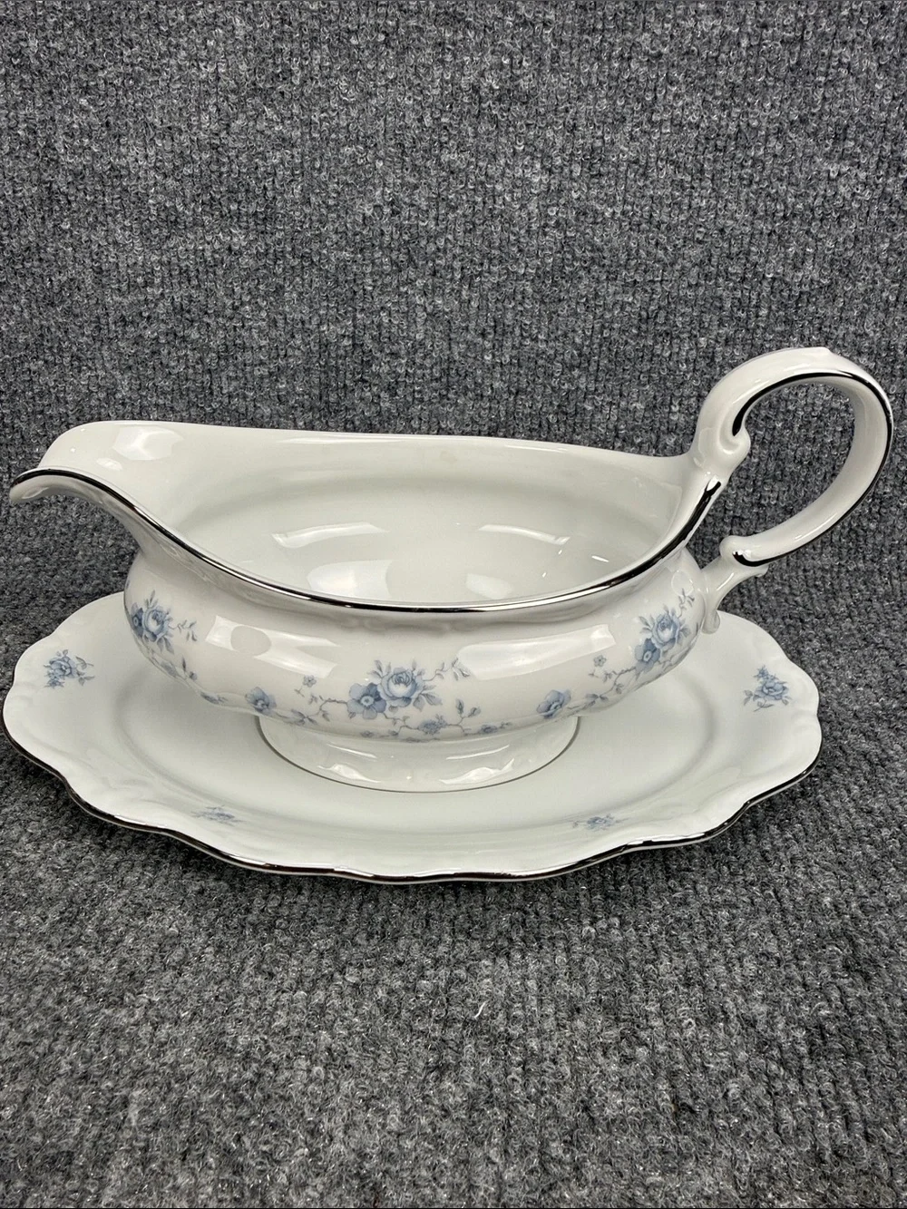 Johann Haviland Blue Garland White Porcelain Gravy Boat with Silver Trim